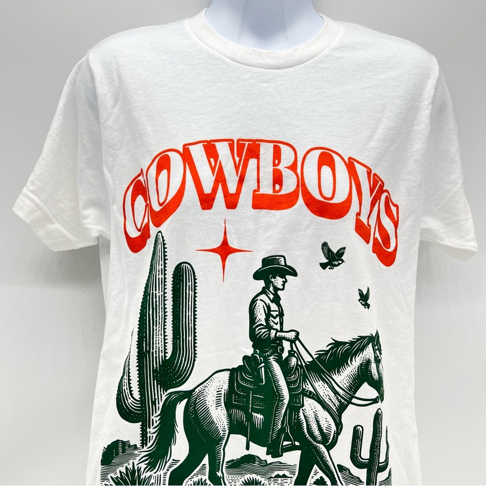 BZ Motorsports, Life’s A Rodeo White Cowboy Graphic T-Shirt w/Green/Orange Print - Picture 2 of 7